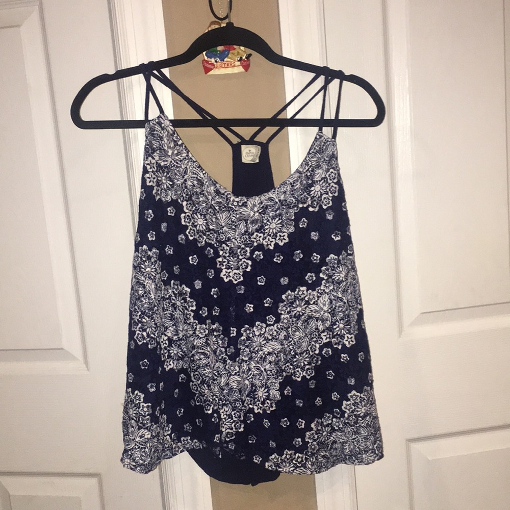 Very cute blue and white lace front top:))